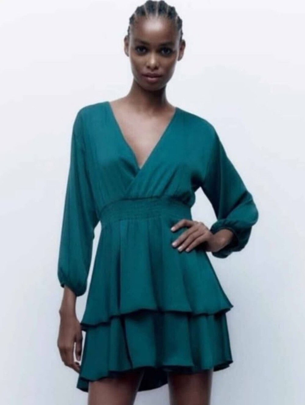 NWT ZARA TURQUOISE TIERED SATIN PUFF SLEEVE DRESS